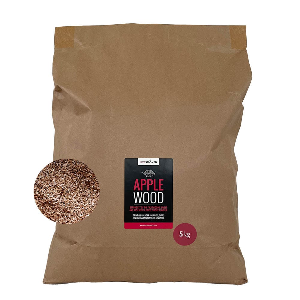 A 5 Kg bulk pack of Apple smoking wood dust with an inset image of its contents.
