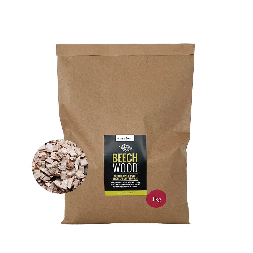 HotSmoked Beech Smoking Chips package on white with sample close up