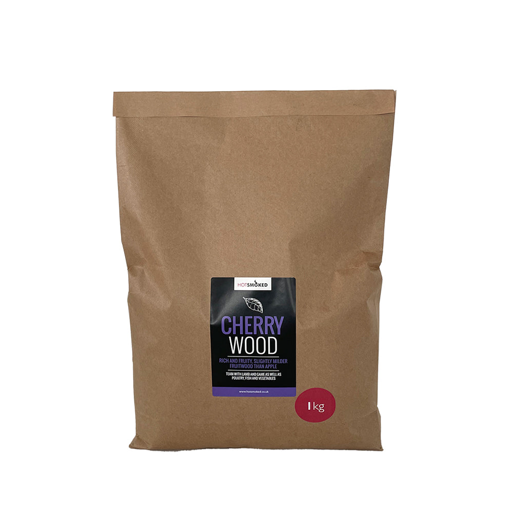 A 1 Kg pack of Cherry wood smoking  dust in a Kraft bag packaging.