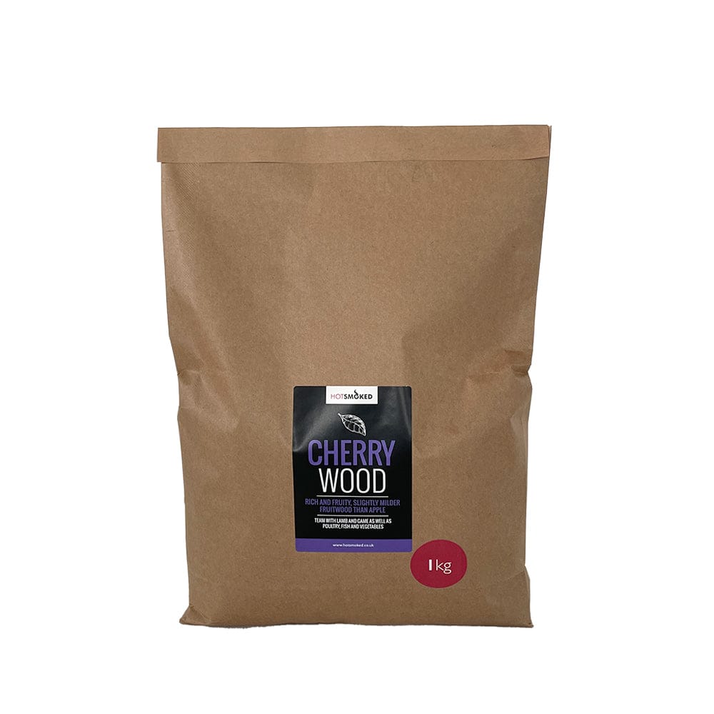 A 1 Kg pack of Cherry wood smoking dust in a Kraft bag packaging.