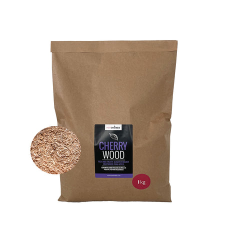 A 1 Kg  pack of Cherry wood smoking dust with an inset image of its contents.