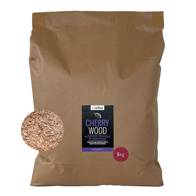 A 5 kg bulk pack of Cherry smoking wood dust with an inset image of its contents.