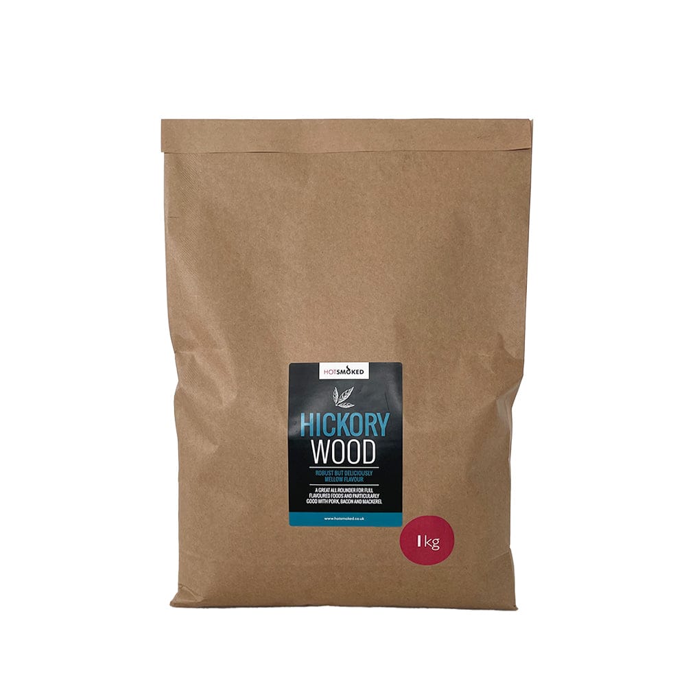 A 1 Kg pack of Hickory wood smoking dust in a Kraft bag packaging.