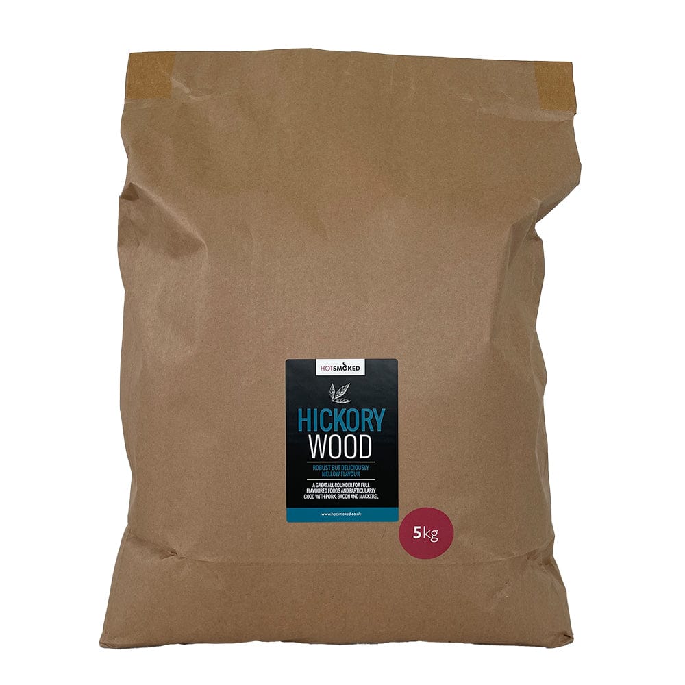 A 5 Kg bulk pack of Hickory smoking wood dust in a Kraft bag packaging.
