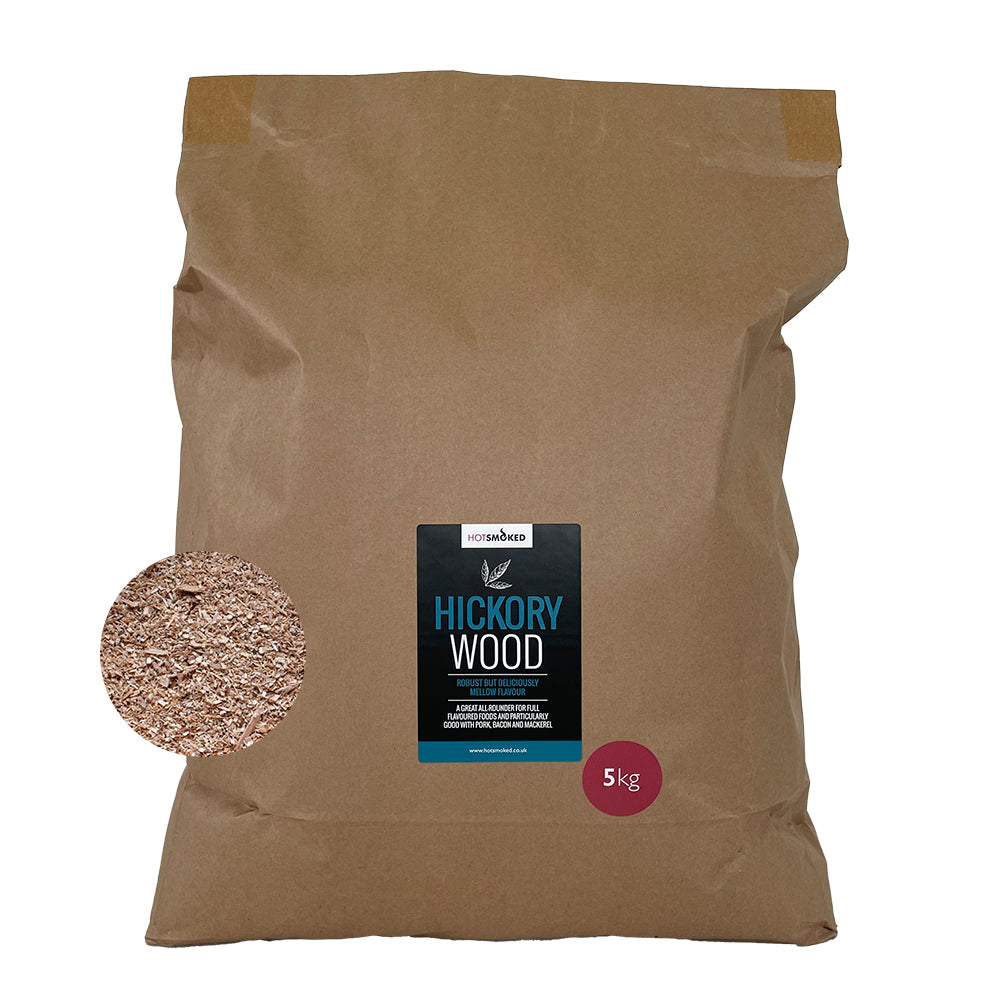 A 5 Kg bulk pack of Hickory smoking wood dust with an inset image of its contents.