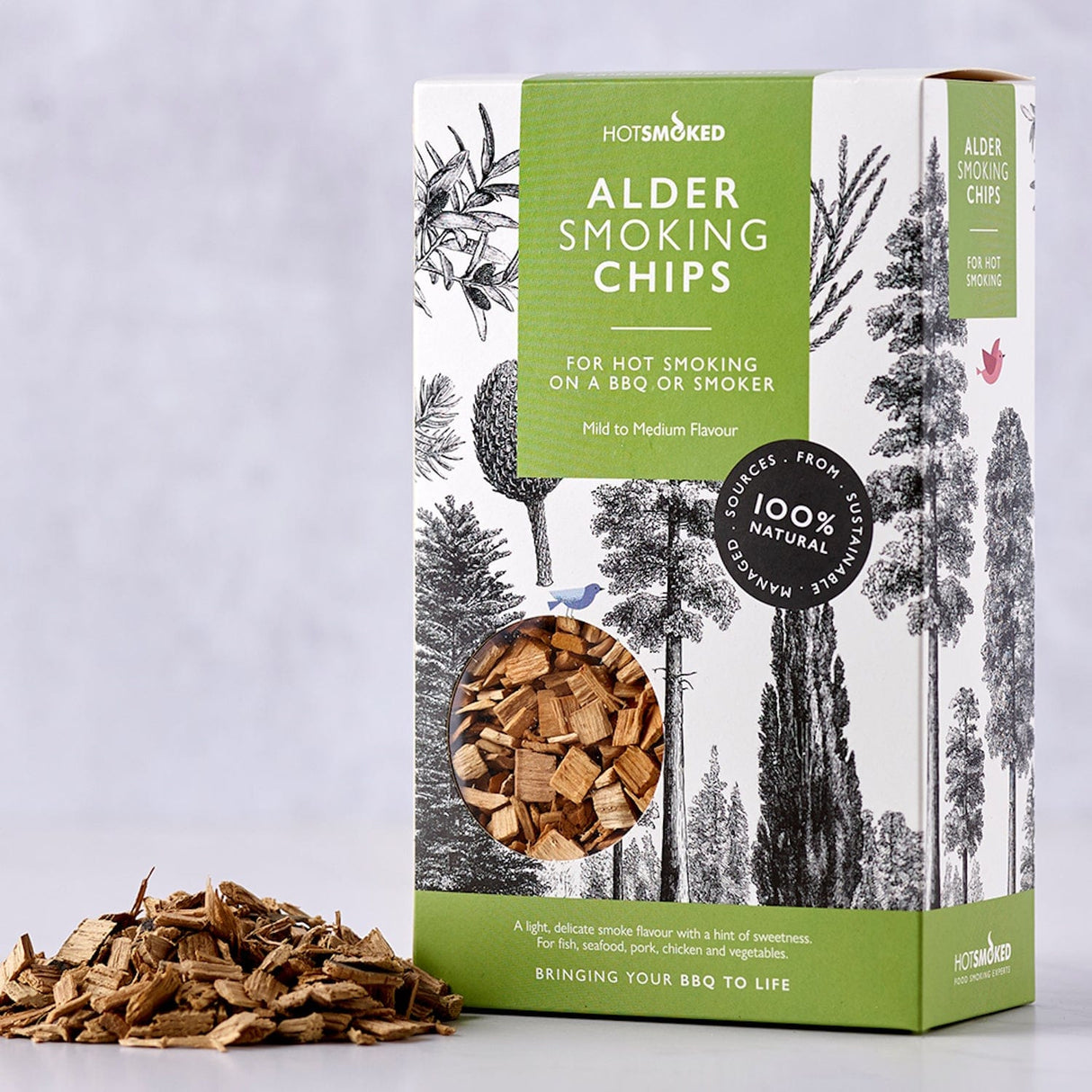 HotSmoked Alder Smoking Chips sample next to packaging