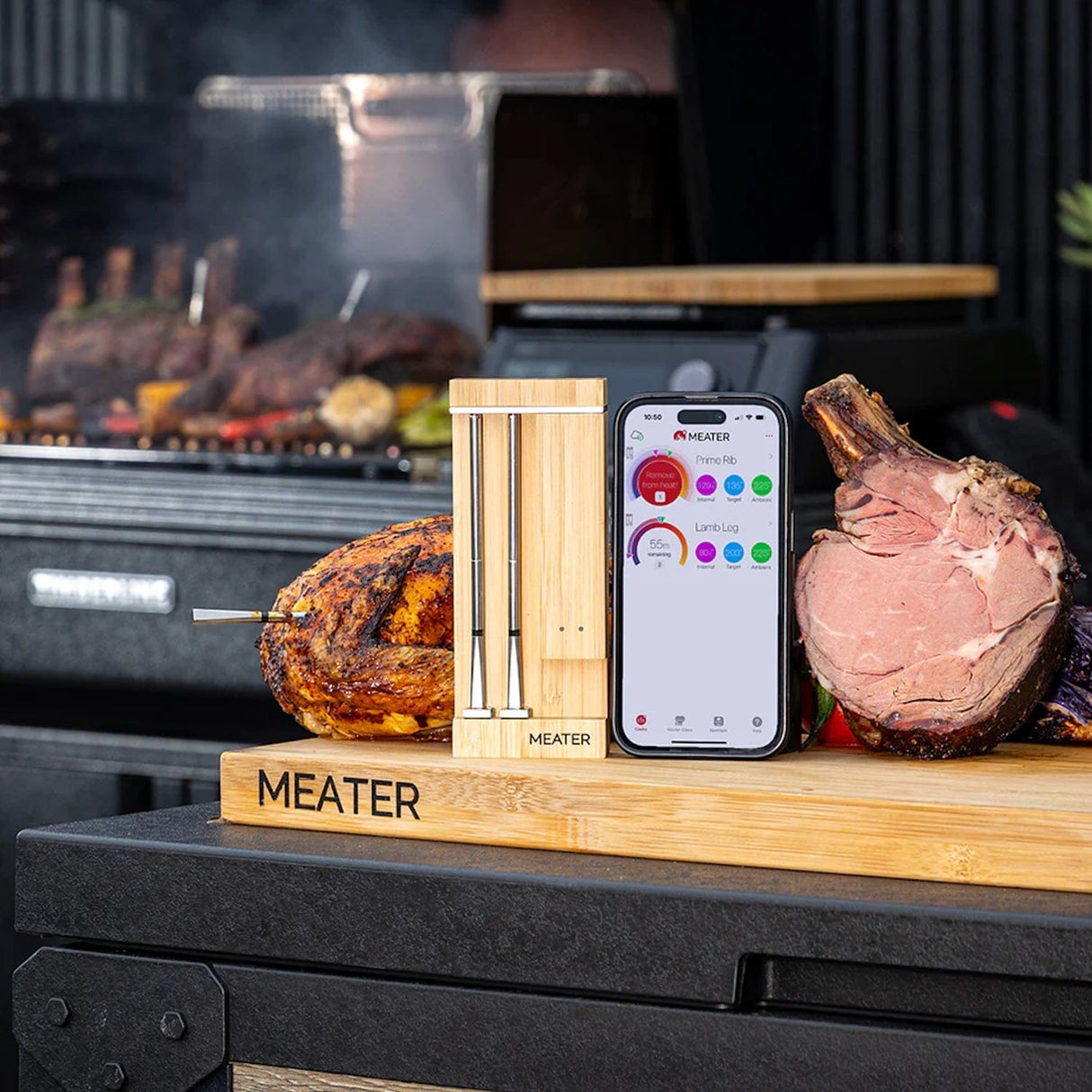 MEATER Pro Duo WiFi Thermometer meat phone and thermometer on table