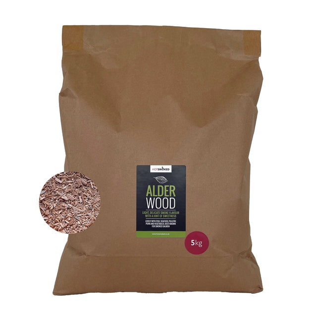 A 5 Kg bulk pack of Alder smoking wood dust with an inset image of its contents.