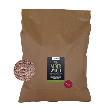 A 5 Kg bulk pack of Alder smoking wood dust with an inset image of its contents.