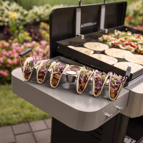 Weber Stainless Steel Taco Rack tacos on a Taco Rack