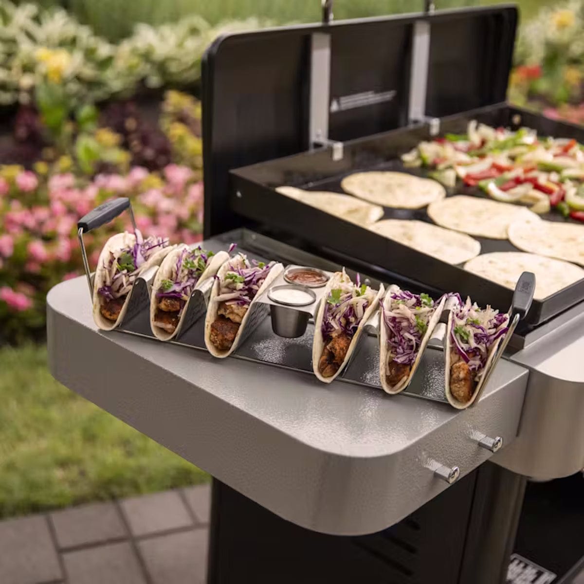 Weber Stainless Steel Taco Rack tacos on a Taco Rack