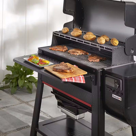 Weber Searwood XL 600 Front Table food on grill and table