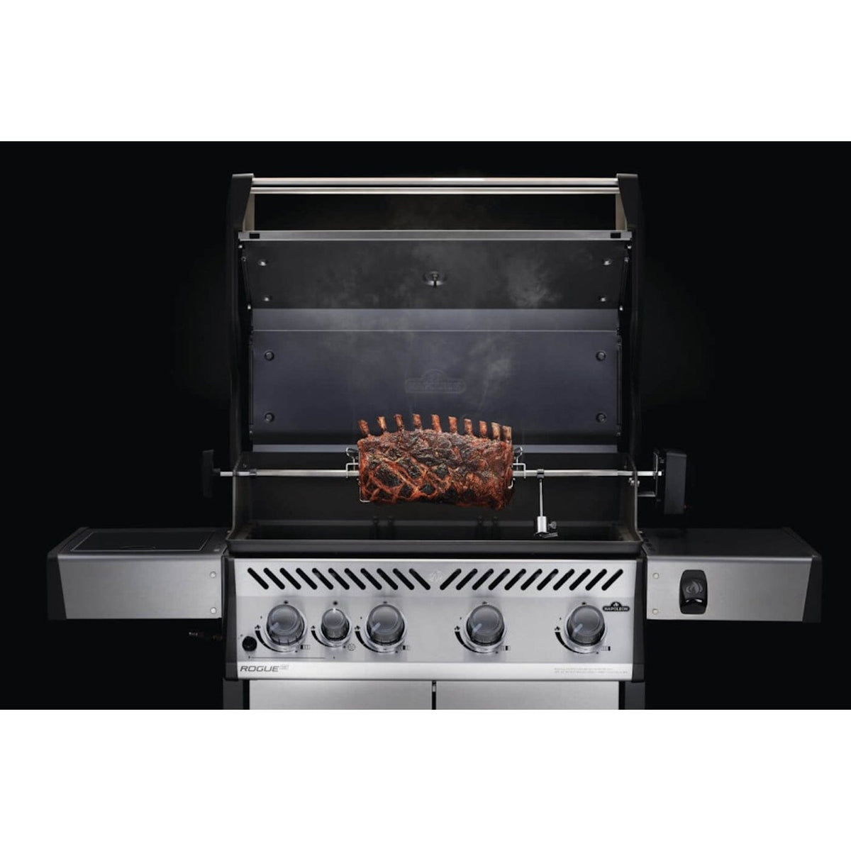 Rotisserie Kit for Rogue Grills in use roasting ribs