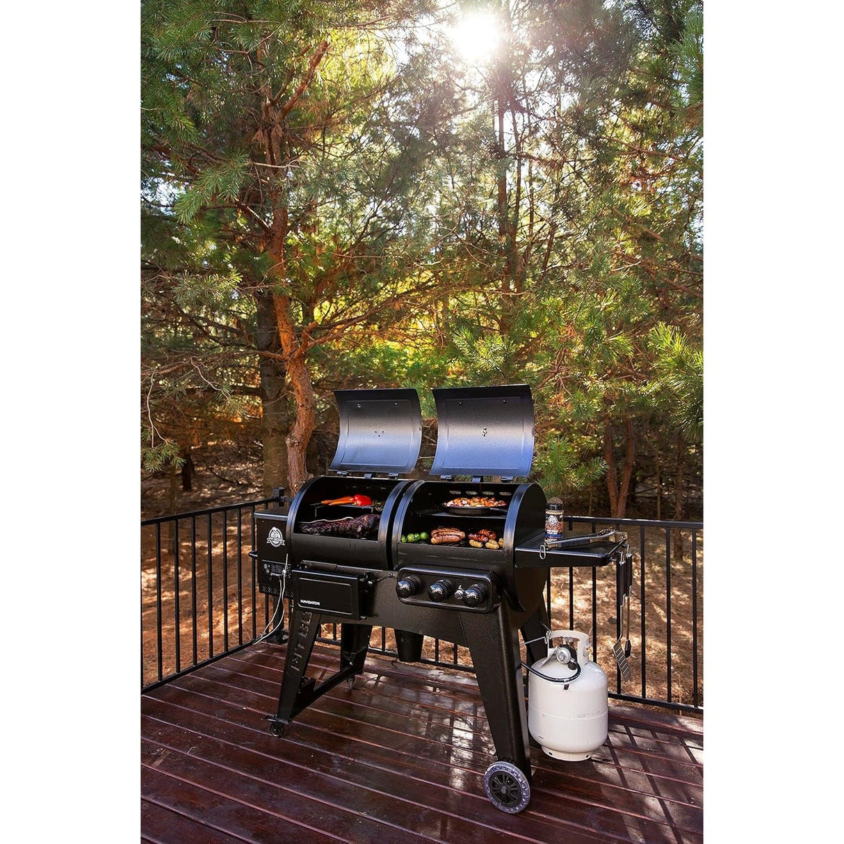 preparing food outdoors on Pit Boss 1230G Navigator Combo Gas and Pellet Grill