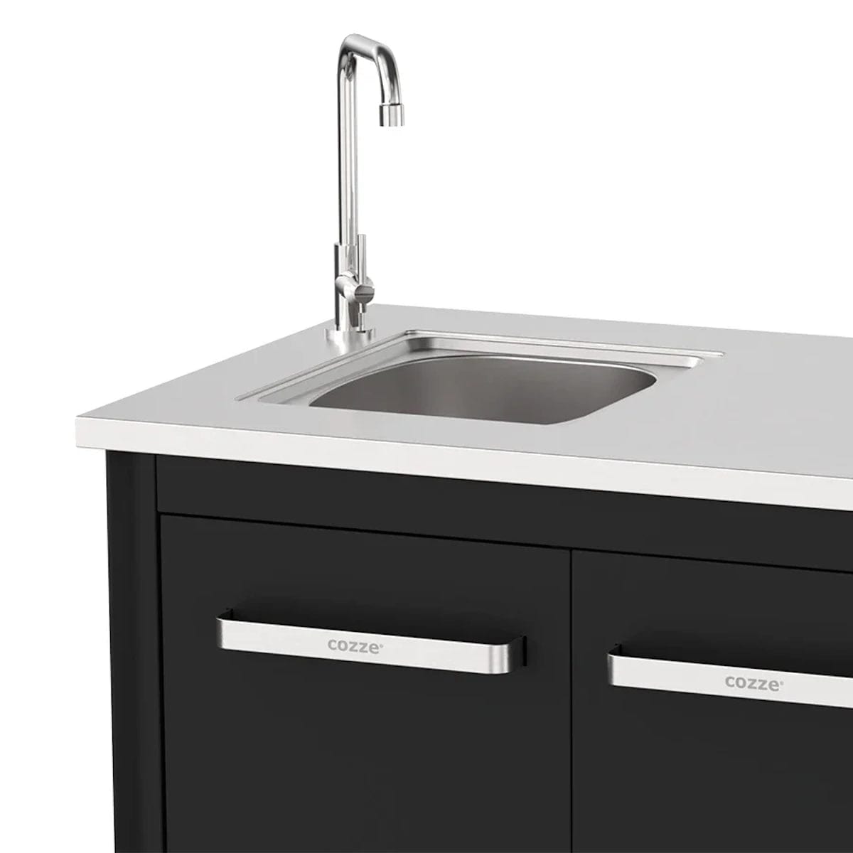 Outdoor kitchen sink and tap unit countertop close up