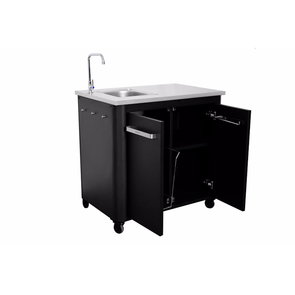 Outdoor kitchen sink and tap unit full isometric front view doors open