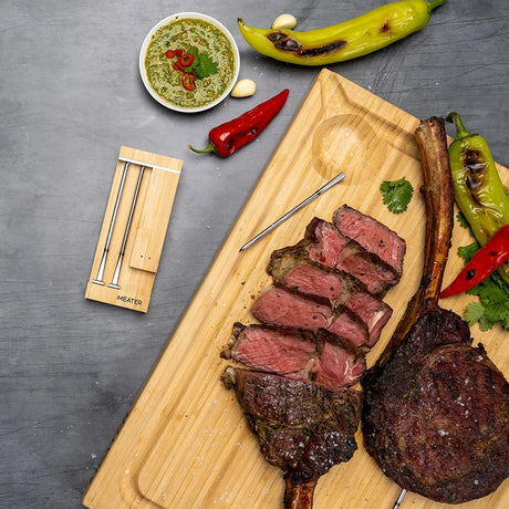 MEATER Pro Duo WiFi Thermometer steak cut on board