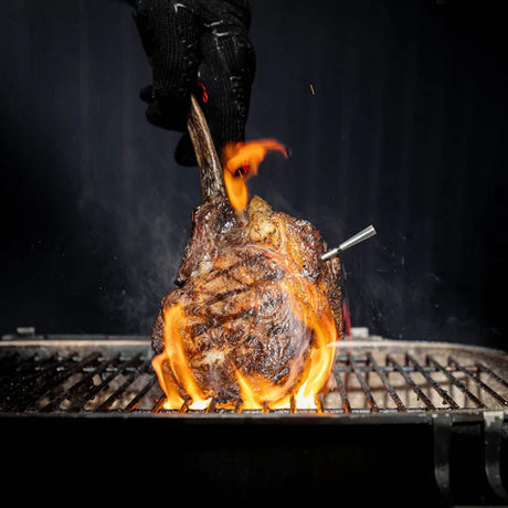 MEATER Pro Duo WiFi Thermometer man holding steak over fire