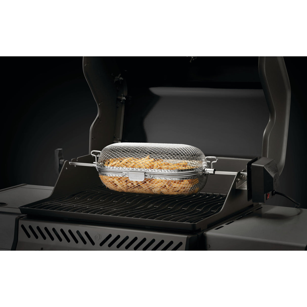 Napoleon Rotisserie Grill Basket in use French fries