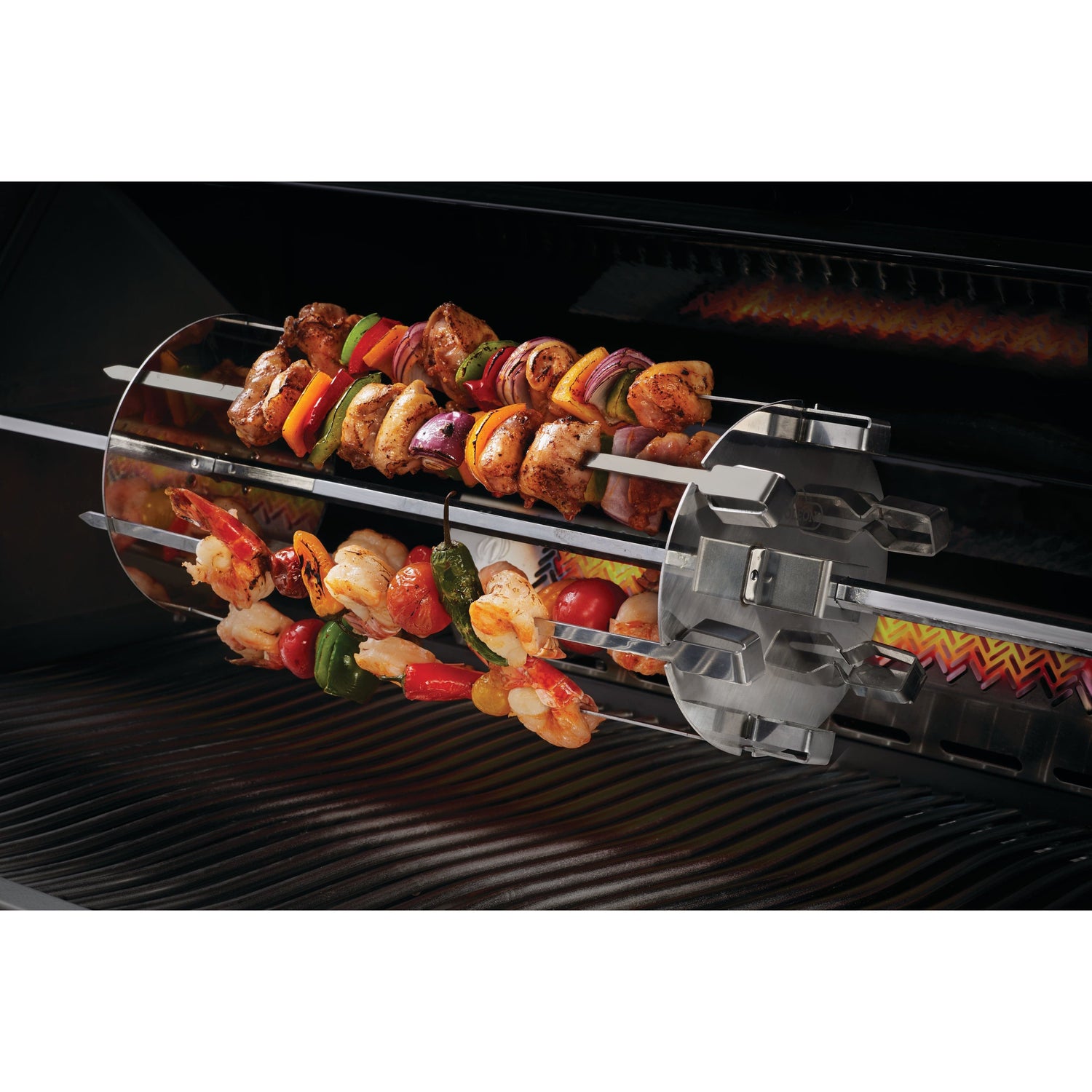 Rotisserie Shish-Kebab Skewer Set grilling chicken and vegetables