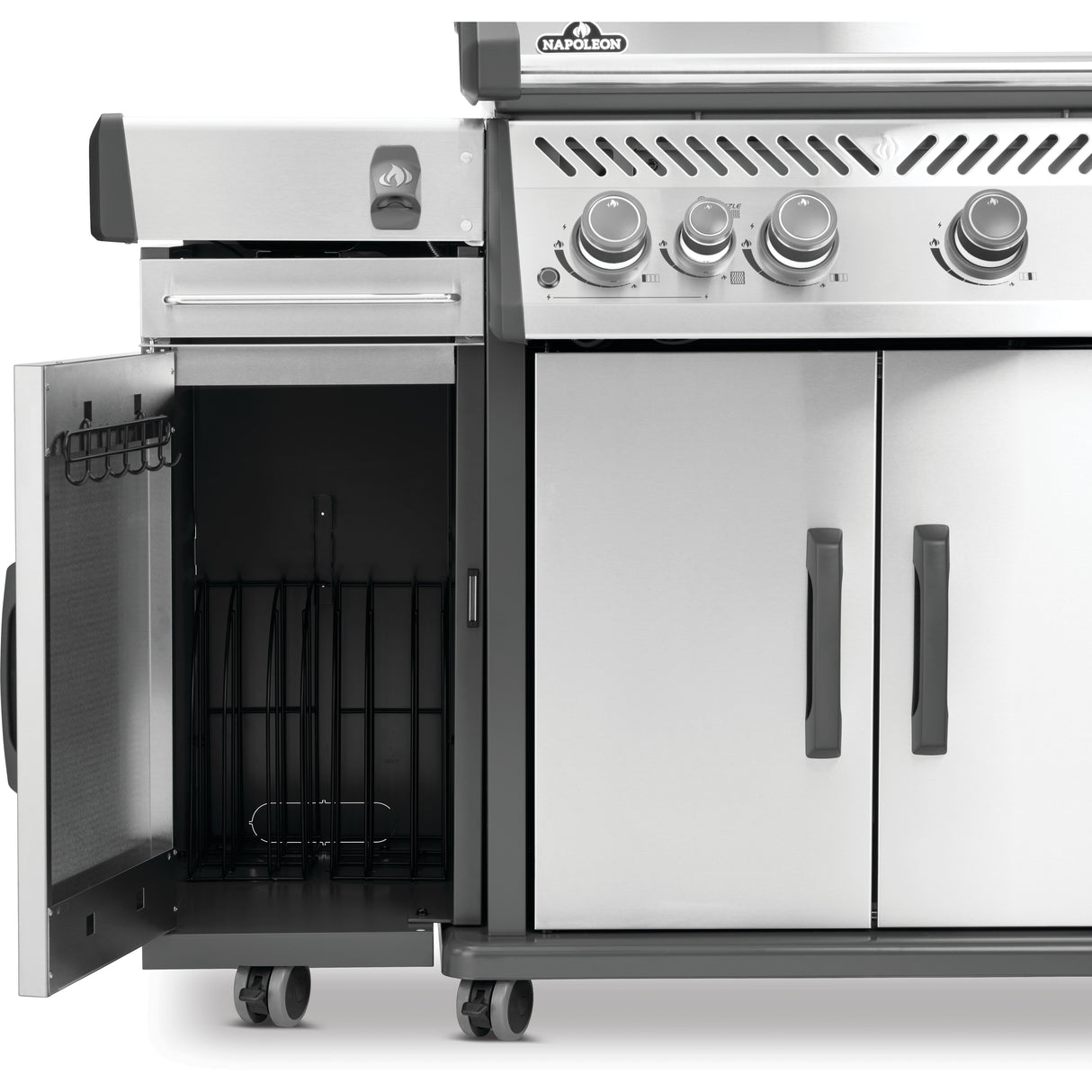 Rogue PRO Under Grill Storage Cart door open installed on grill