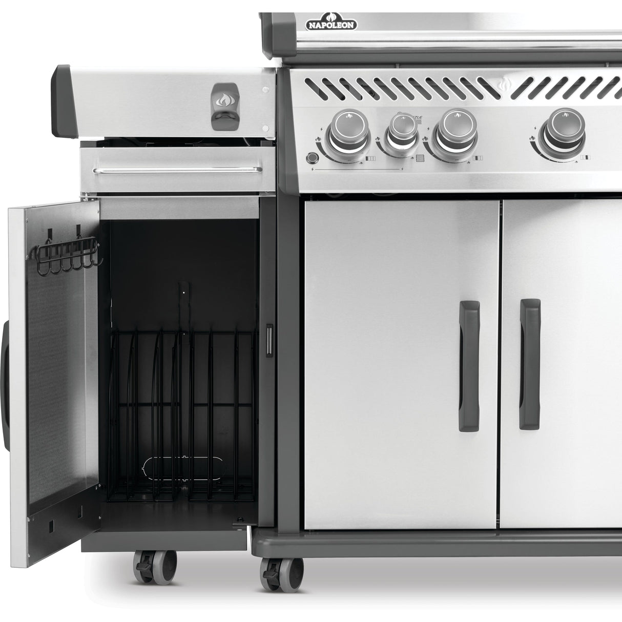 Rogue PRO Under Grill Storage Cart door open installed on grill