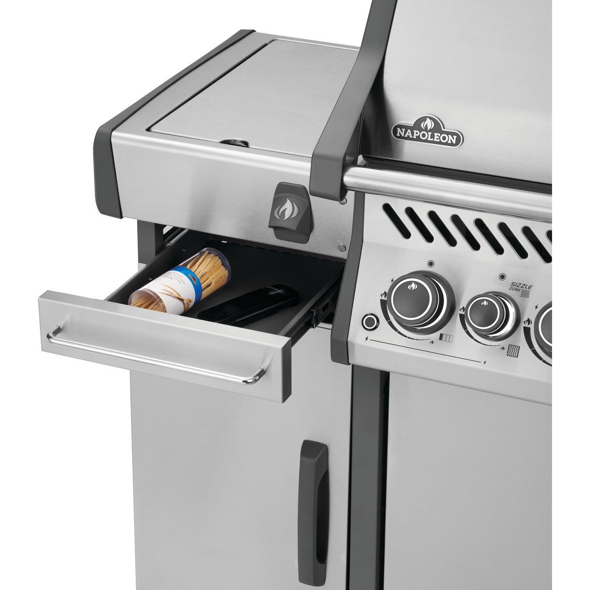 Rogue PRO Under Grill Storage Cart drawer open with items inside