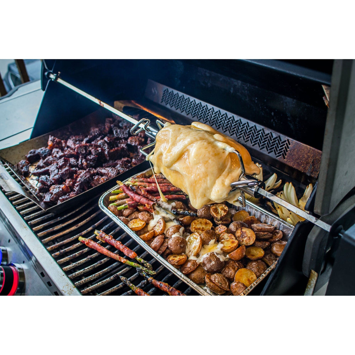Rotisserie Forks Four Prongs grilling cheese over potatoes
