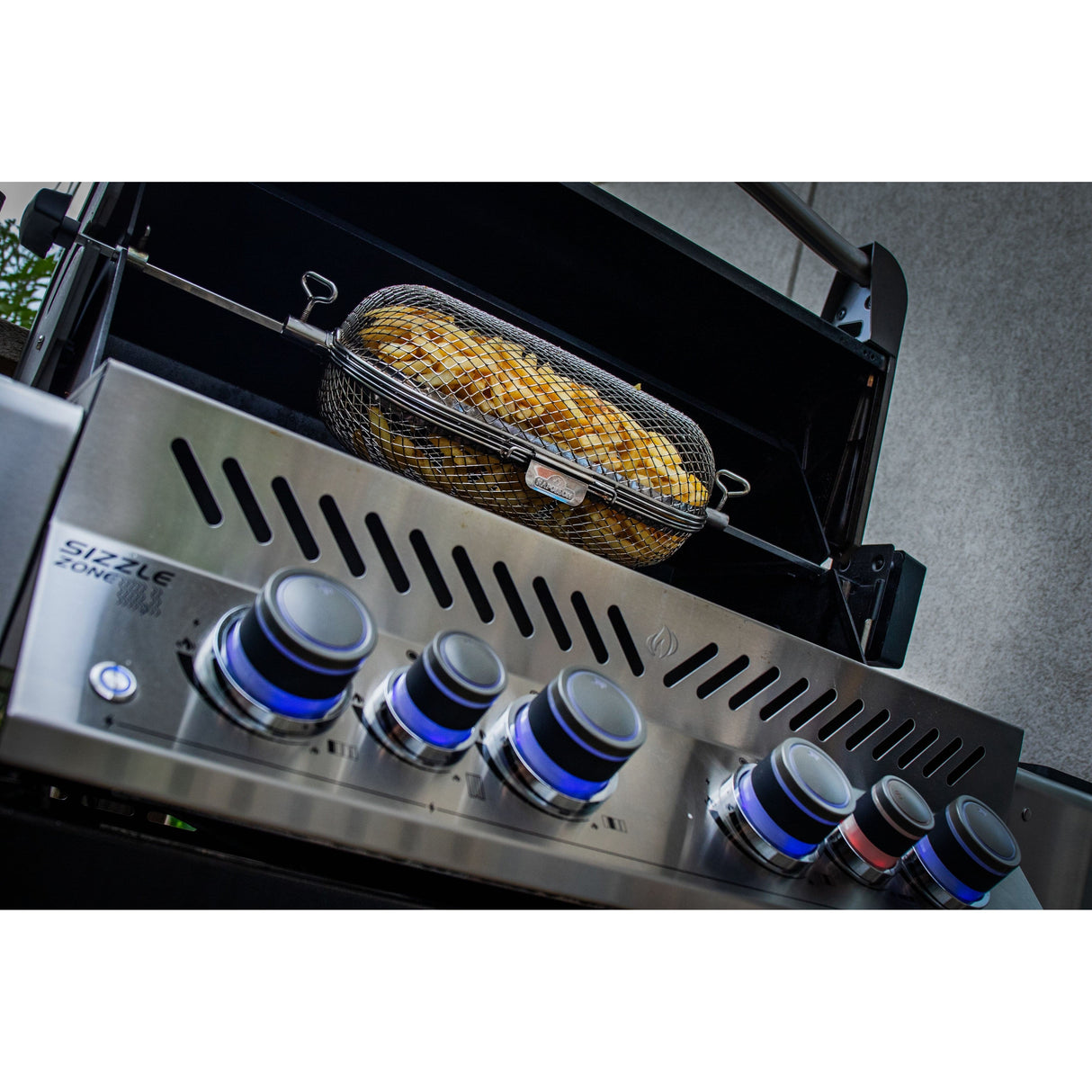 Napoleon Rotisserie Grill Basket grilling poutine bottom angle