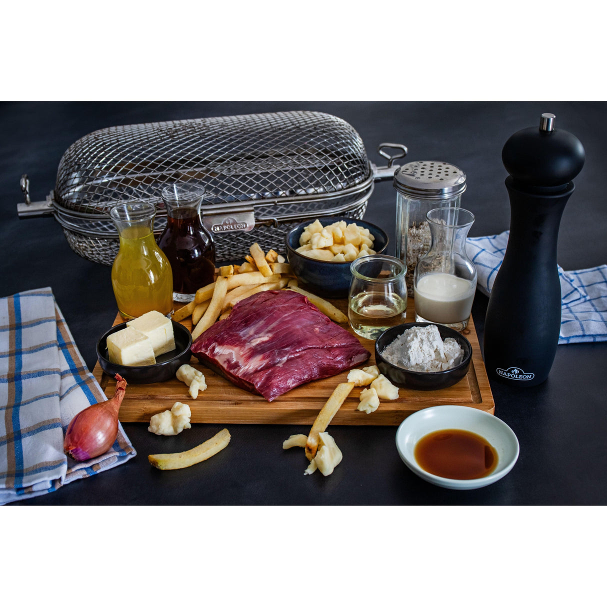 Napoleon Rotisserie Grill Basket steak poutine ingredients