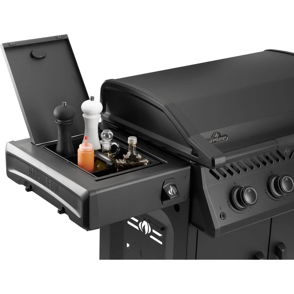 Napoleon Rogue PRO Phantom 30 Grill box of spices in left grill shelf