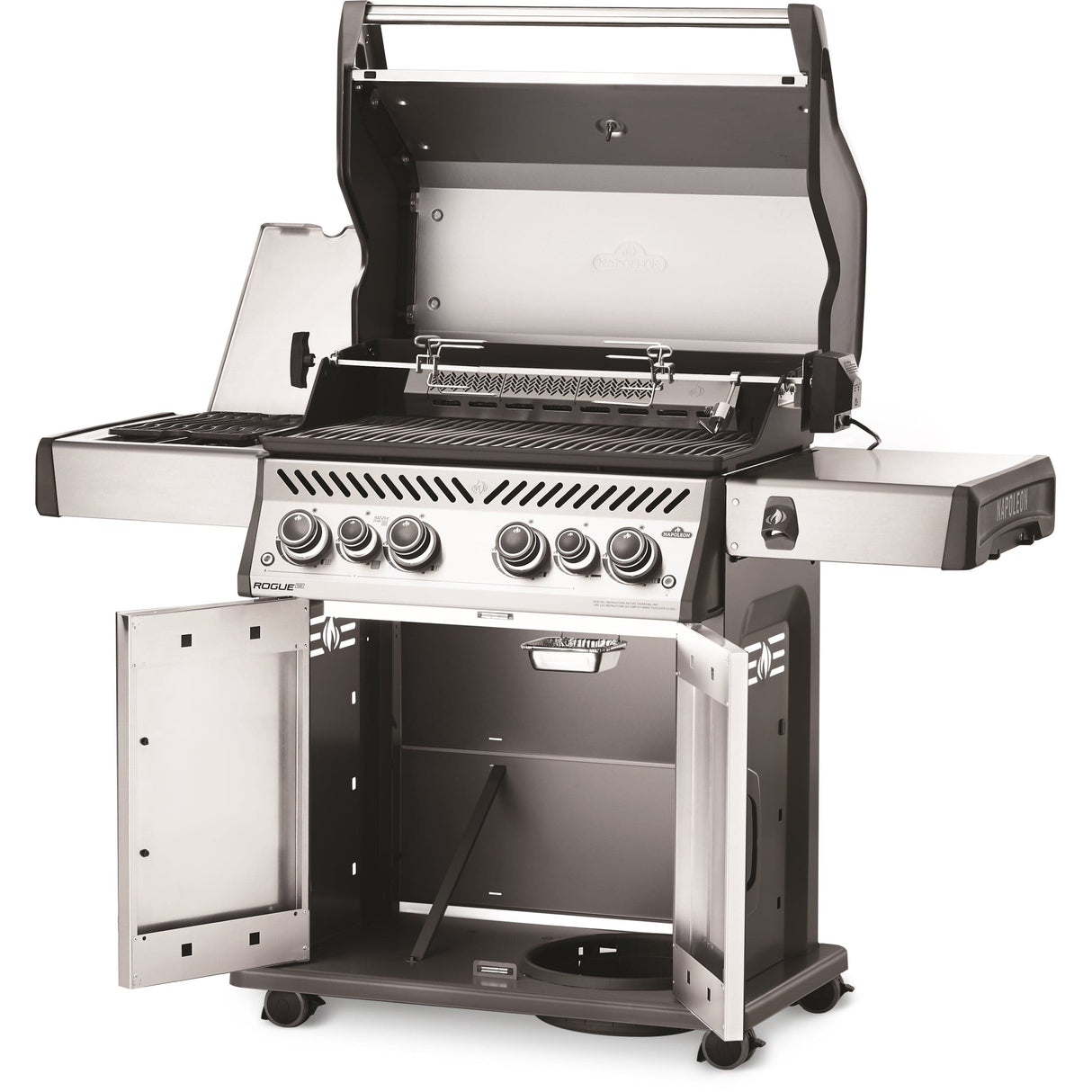 Napoleon Rogue SE 525 RSIB with rotisserie knob lights lids and doors open
