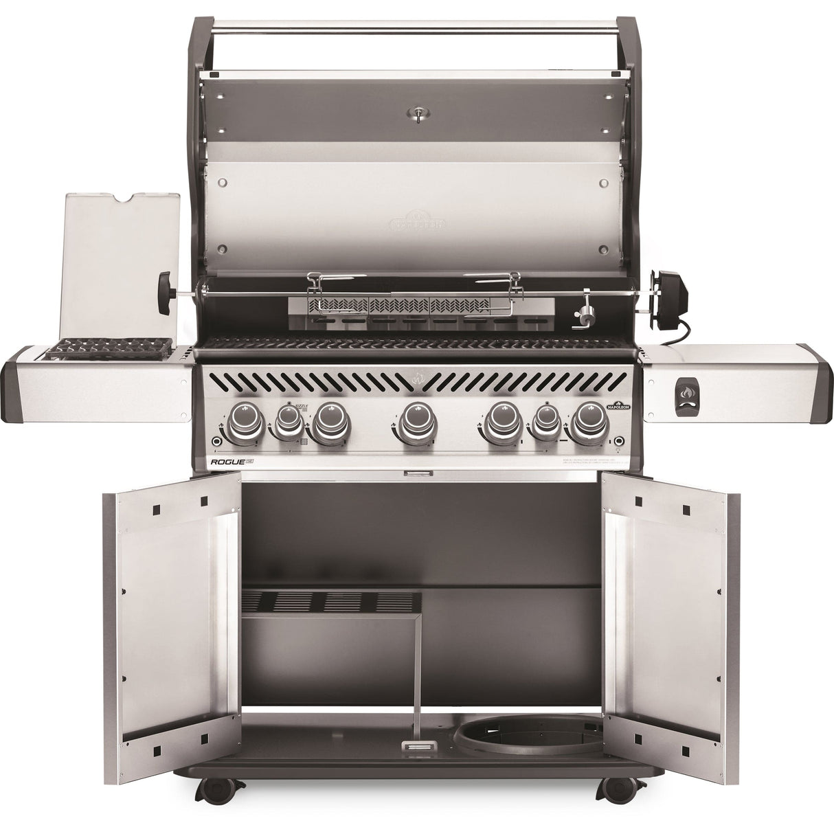 Napoleon Rogue SE 625 RSIB with rotis and lids and doors open