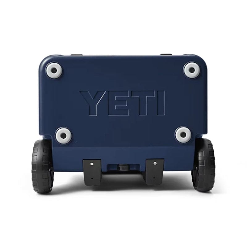 bottom side of a Navy YETI Roadie - 60 Wheeled Cool Box