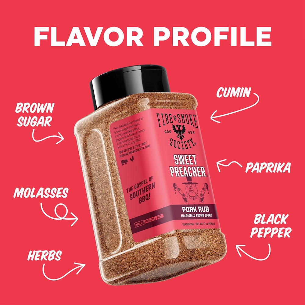 Fire & Smoke Society | Sweet Preacher BBQ Seasoning | Pork Rub 17 oz.