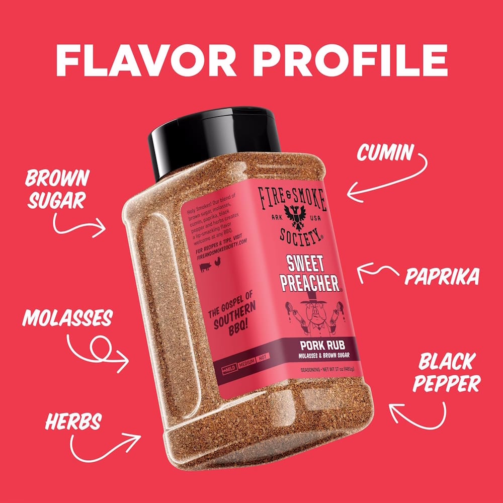 Fire & Smoke Society | Sweet Preacher BBQ Seasoning | Pork Rub 17 oz.