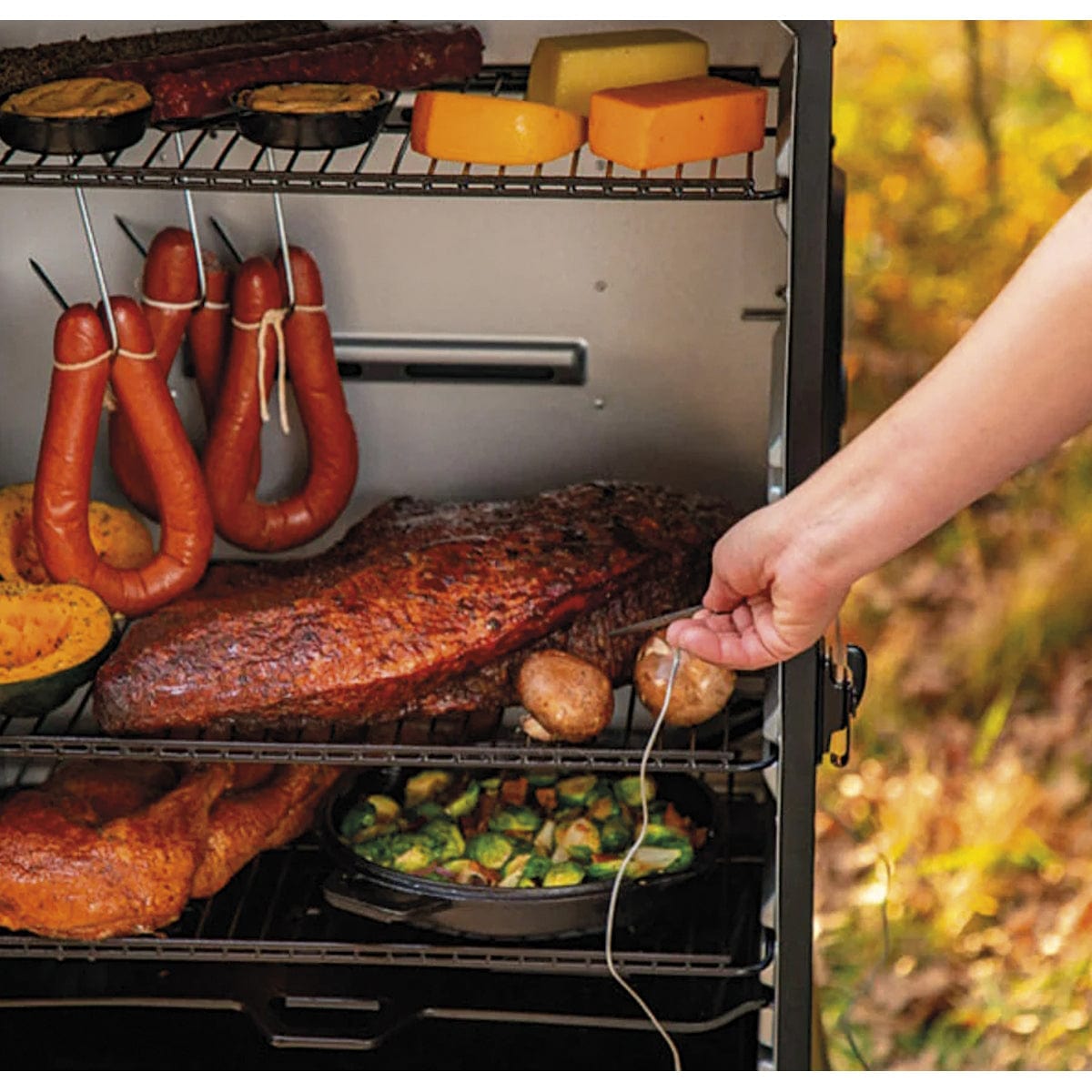 4-Series Vertical Wood Pellet Smoker checking meat temperature