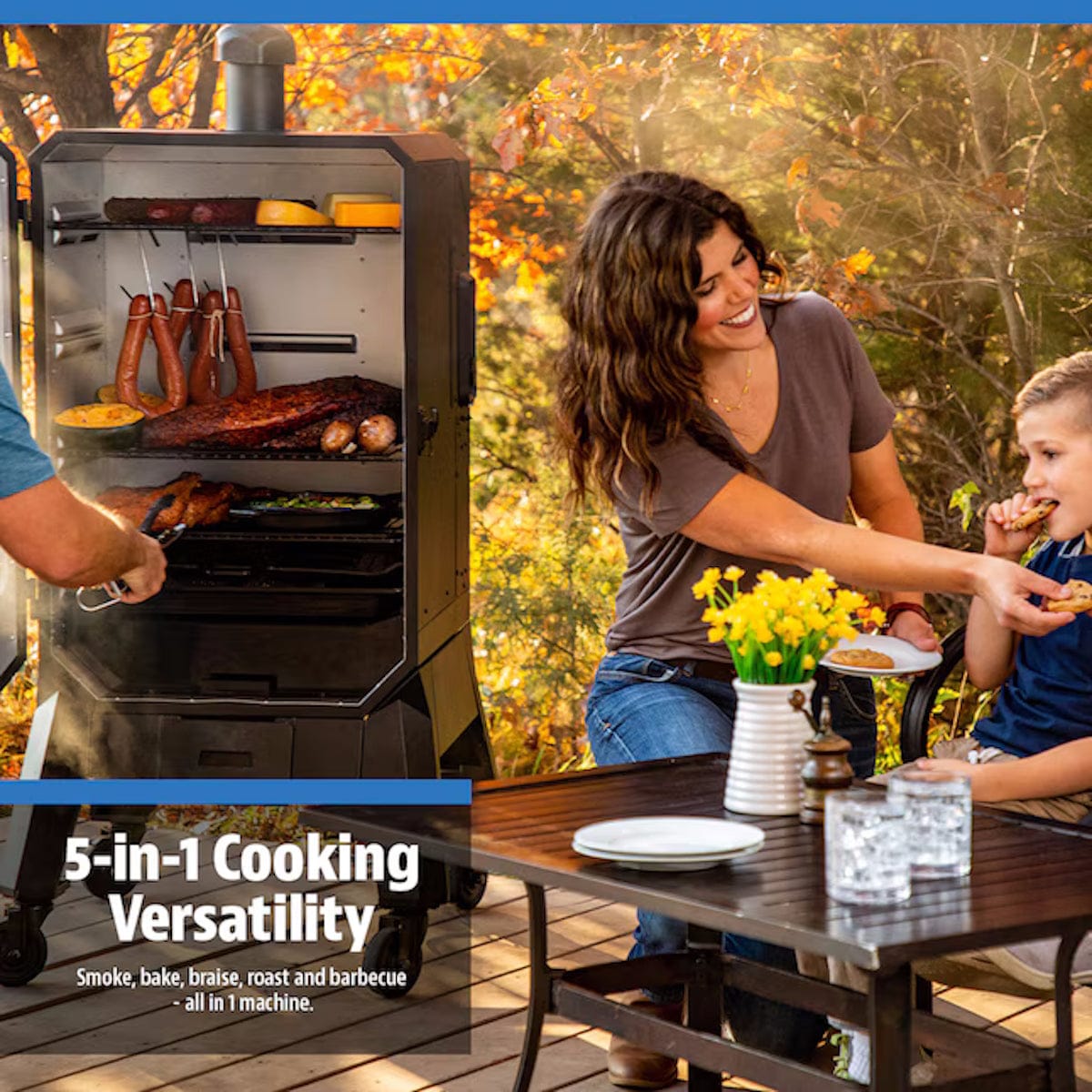 4-Series Vertical Wood Pellet Smoker family eating from grill