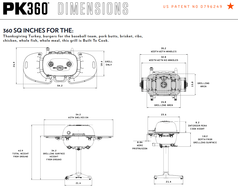 PK360 Aluminium Charcoal Grill & Smoker dimensions