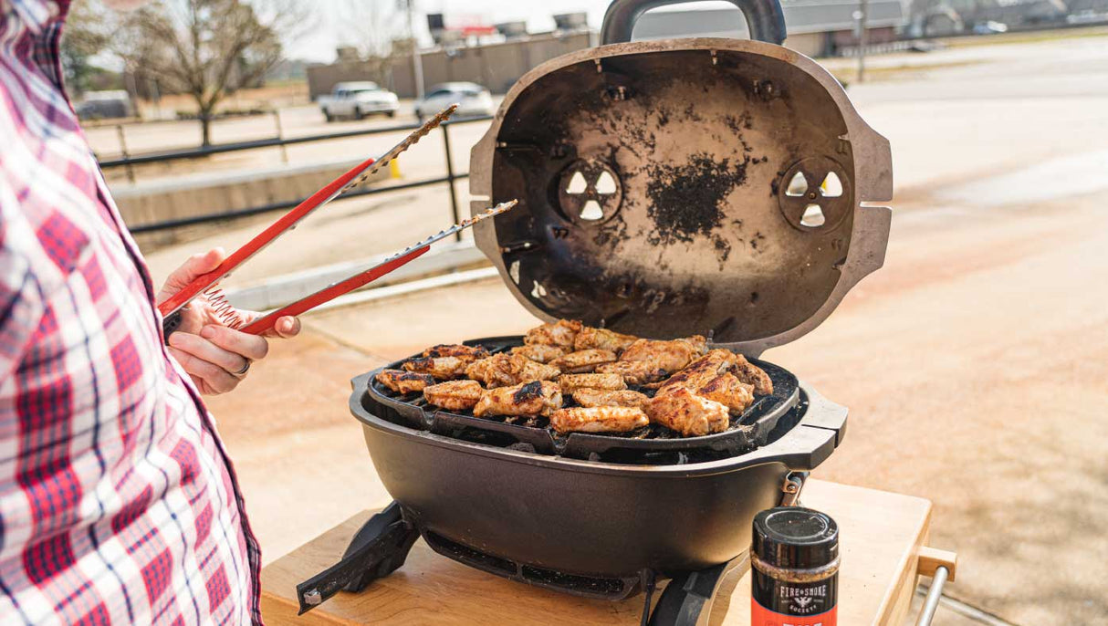 PKGO Portable Charcoal Smoker Grill grilling meat