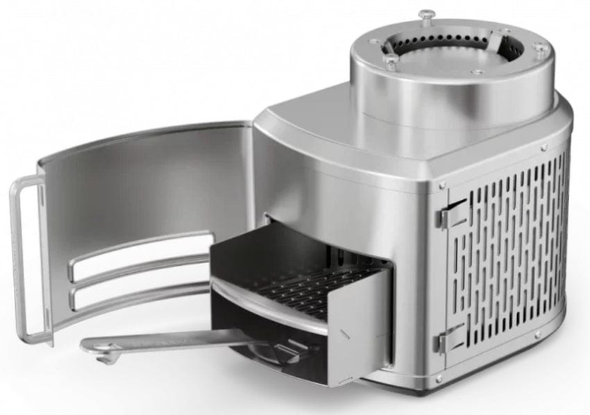 a Gozney Roccbox Pizza Wood Burner shown with fuel door opened