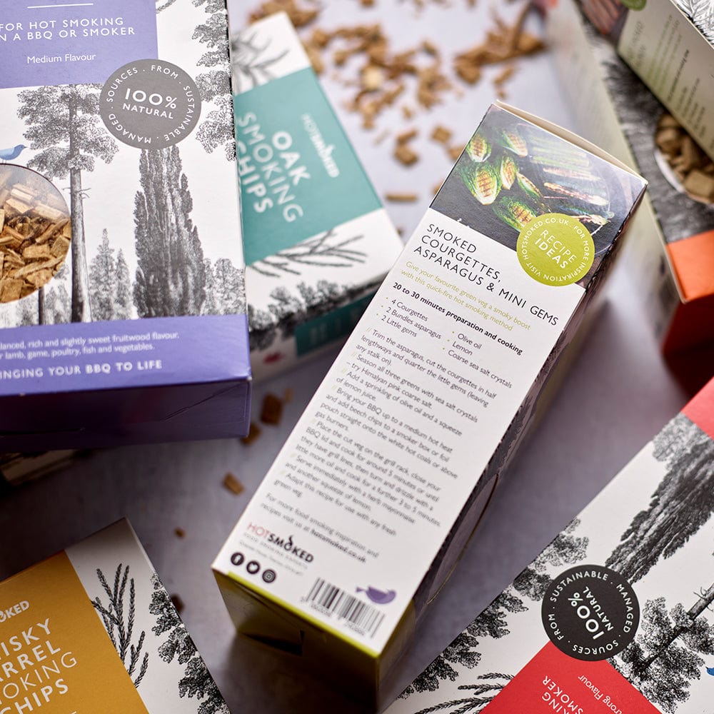 Smoking Chips 8 Flavours Box side view smoked courgettes and asparagues