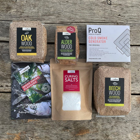 HotSmoked Cure & Smoke Kit all items on wooden table