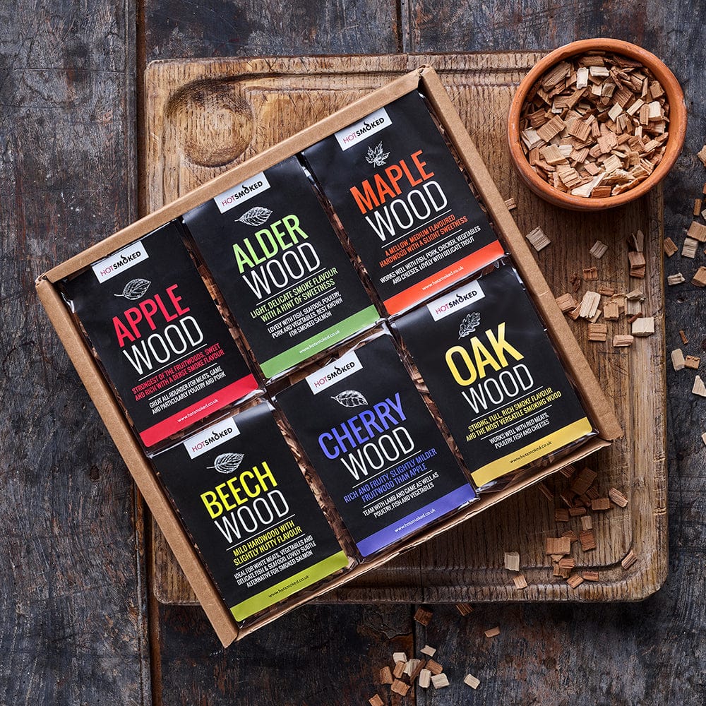 HotSmoked Smoking Chips Sampler on wooden board