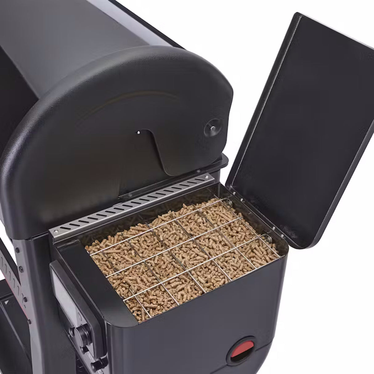 Weber Searwood Pellet Grill pellet storage box open