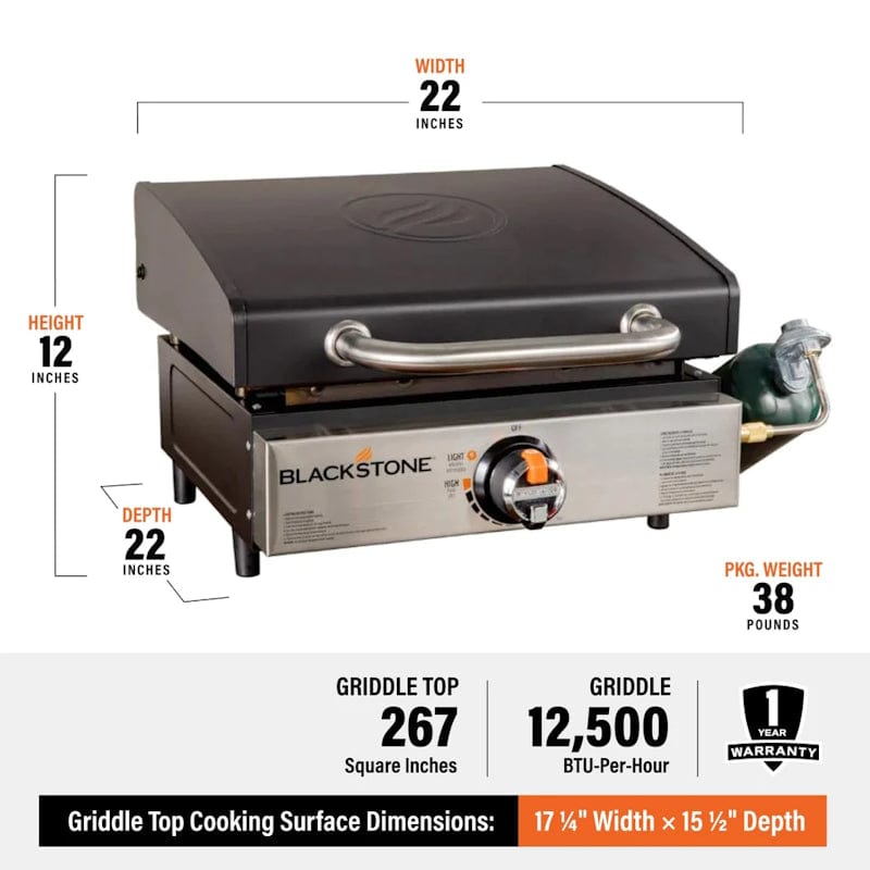 Blackstone 17inch Griddle with Hood showing dimensions