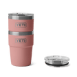 lid and YETI Rambler 16oz Stackable Cup sandstone pink stacked 