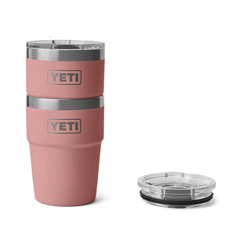 lid and YETI Rambler 16oz Stackable Cup sandstone pink stacked 