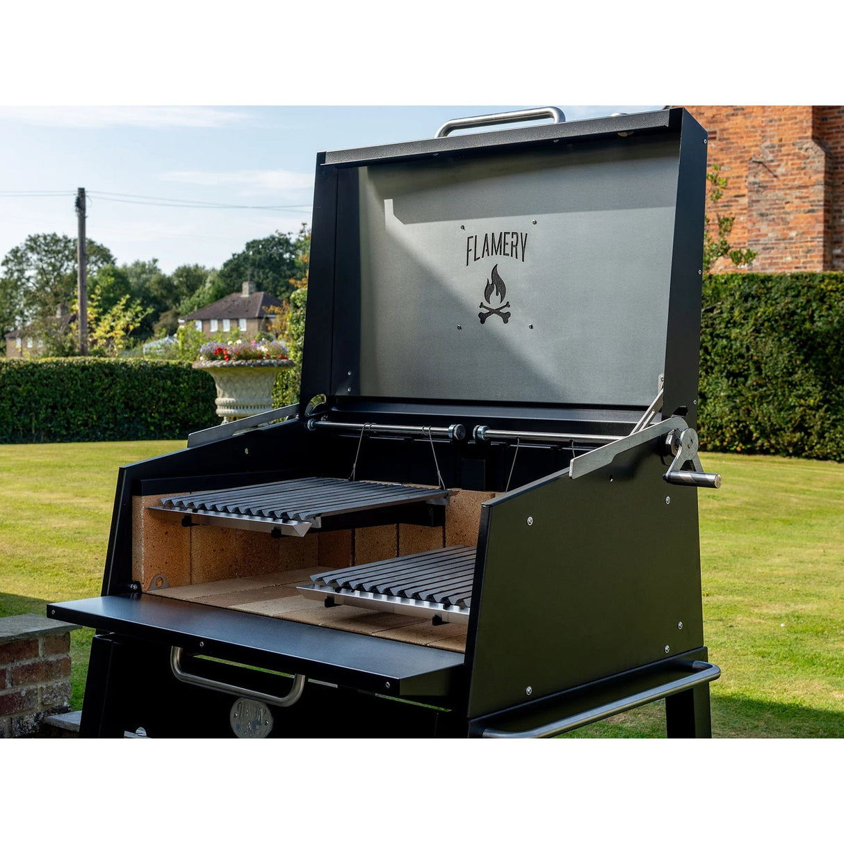 FLAMERY Large Asado Grill on Stand lid open side view