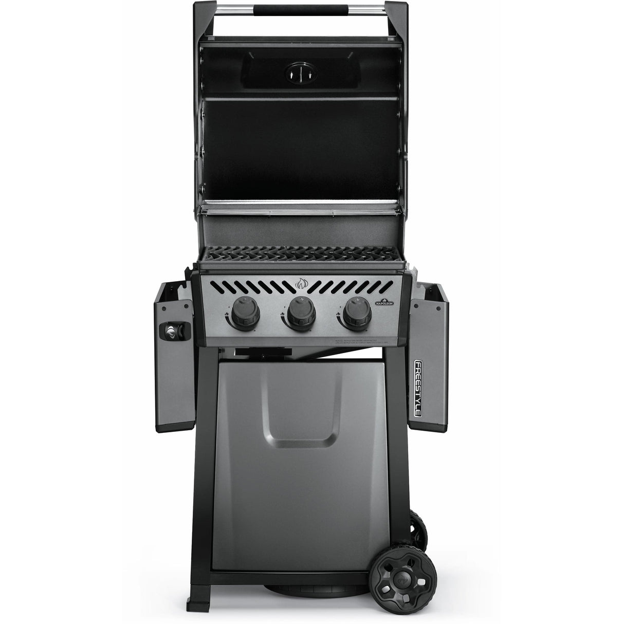 Napoleon Freestyle 365 3-Burner Gas Grill lid open shelves down
